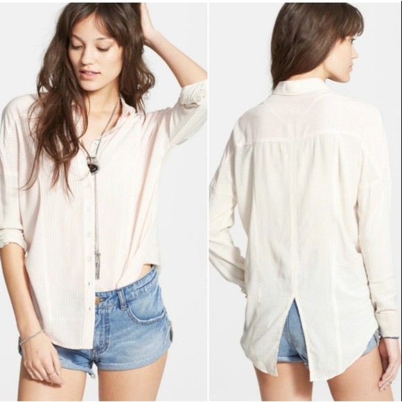 FREE PEOPLE Capetown Striped Button Down Pink Tan - Picture 1 of 7